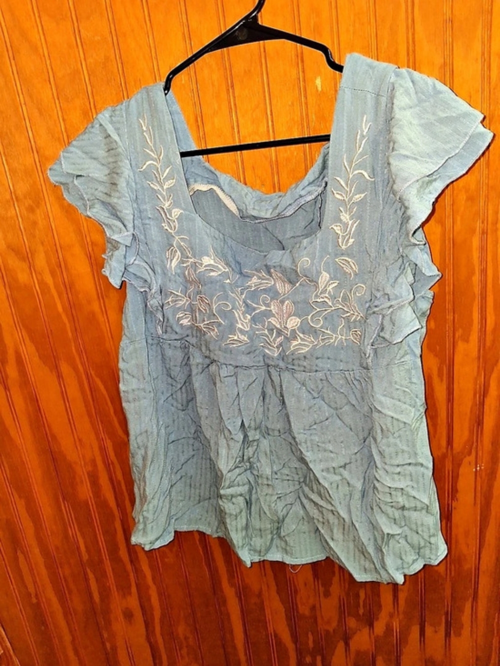 SHEIN Embroidered Ruffle Blouse in Blue Size XL